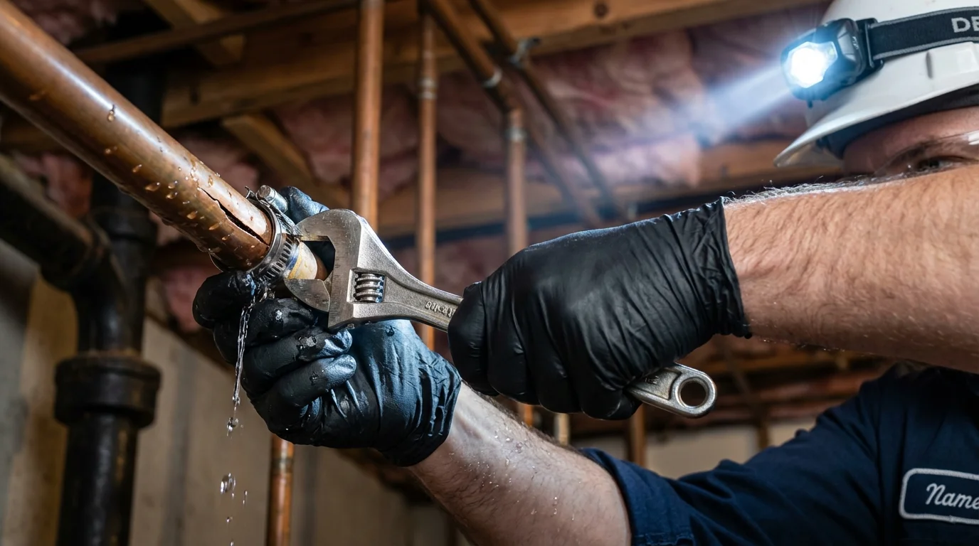 Emergency pipe clamp repair being performed by a Johns Plumbing LLC plumber in Pevely