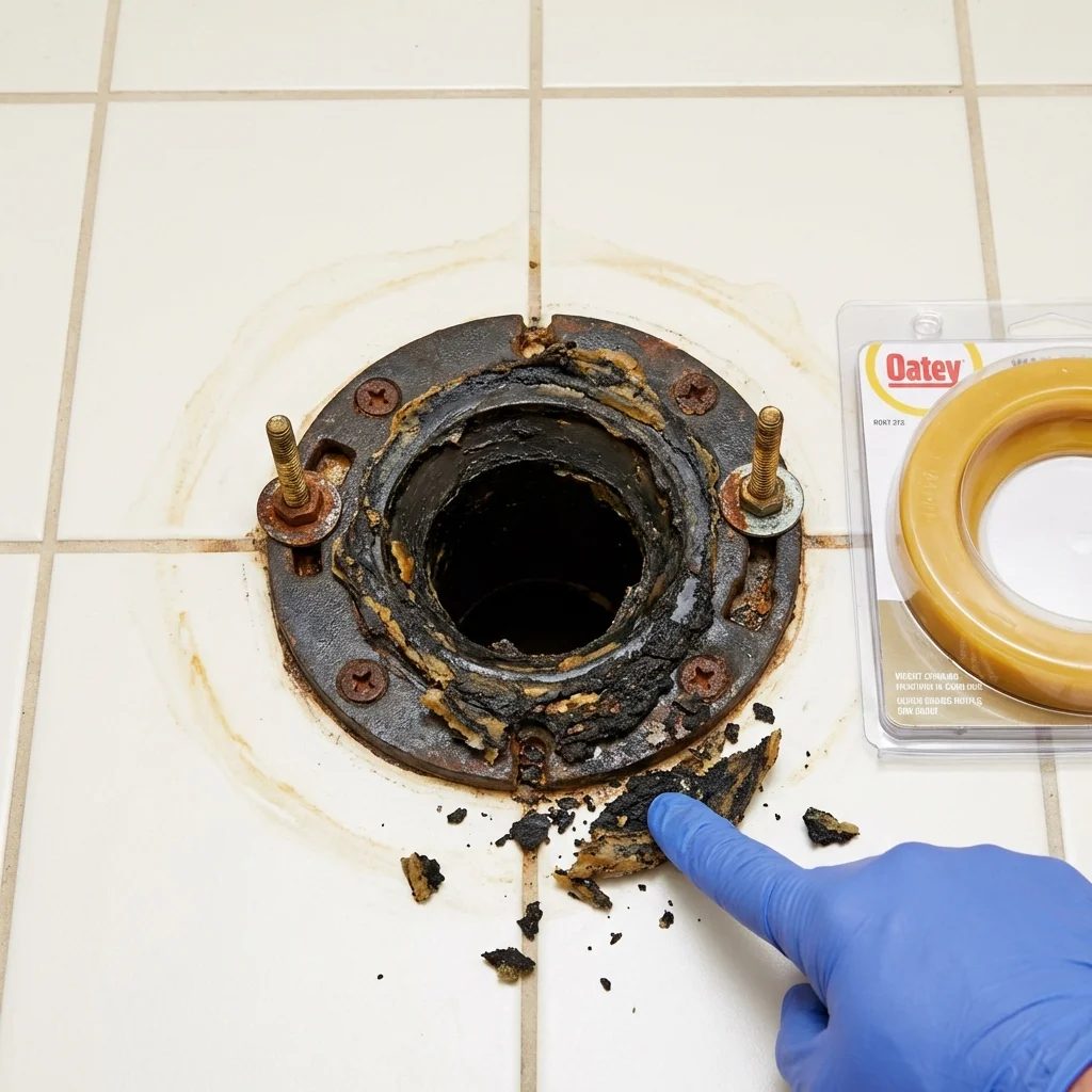 Failed wax ring showing water seepage at the base of a toilet in a Pevely, MO home