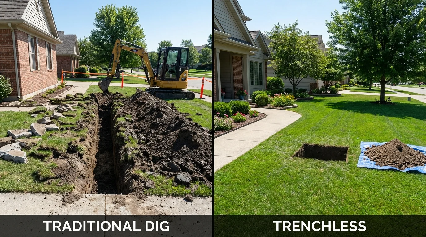 Trenchless sewer repair with minimal yard damage versus traditional excavation in Pevely, MO