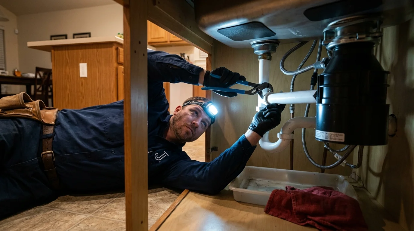 P-trap and supply line connections under a kitchen sink showing a common leak point in Pevely, MO